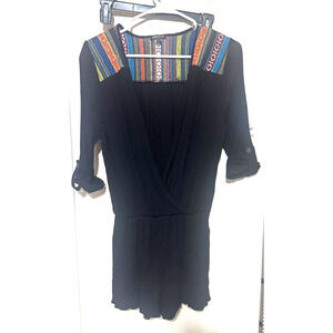 Black Gauzy Romper Boho short colorful embroidery sz L Baha Peruvian long sleeve